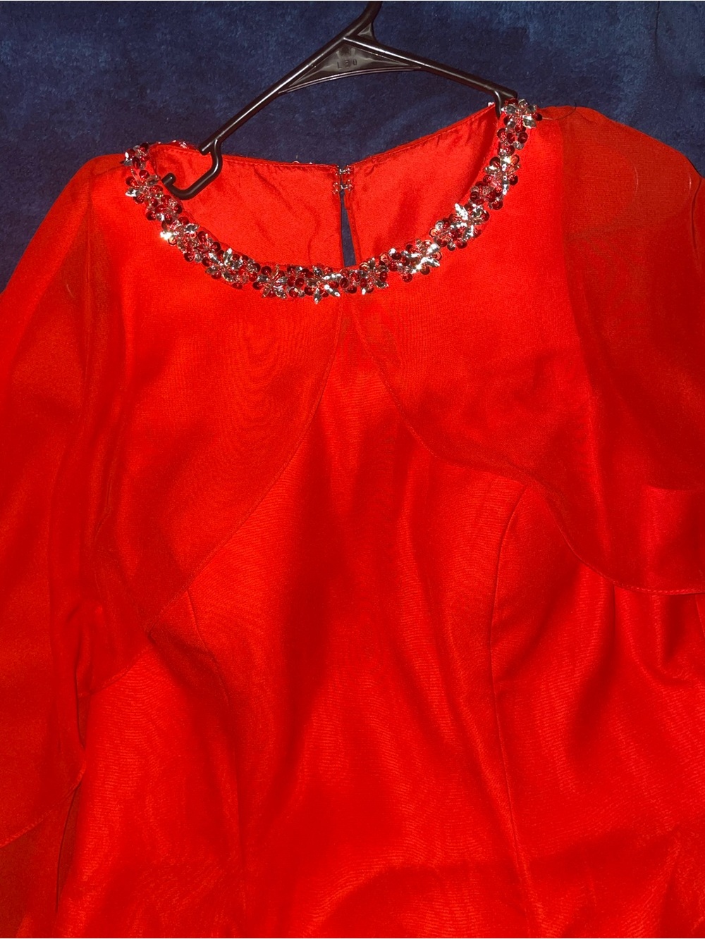 Red Jewel-Neck Sleeveless Dress with Attached Cape